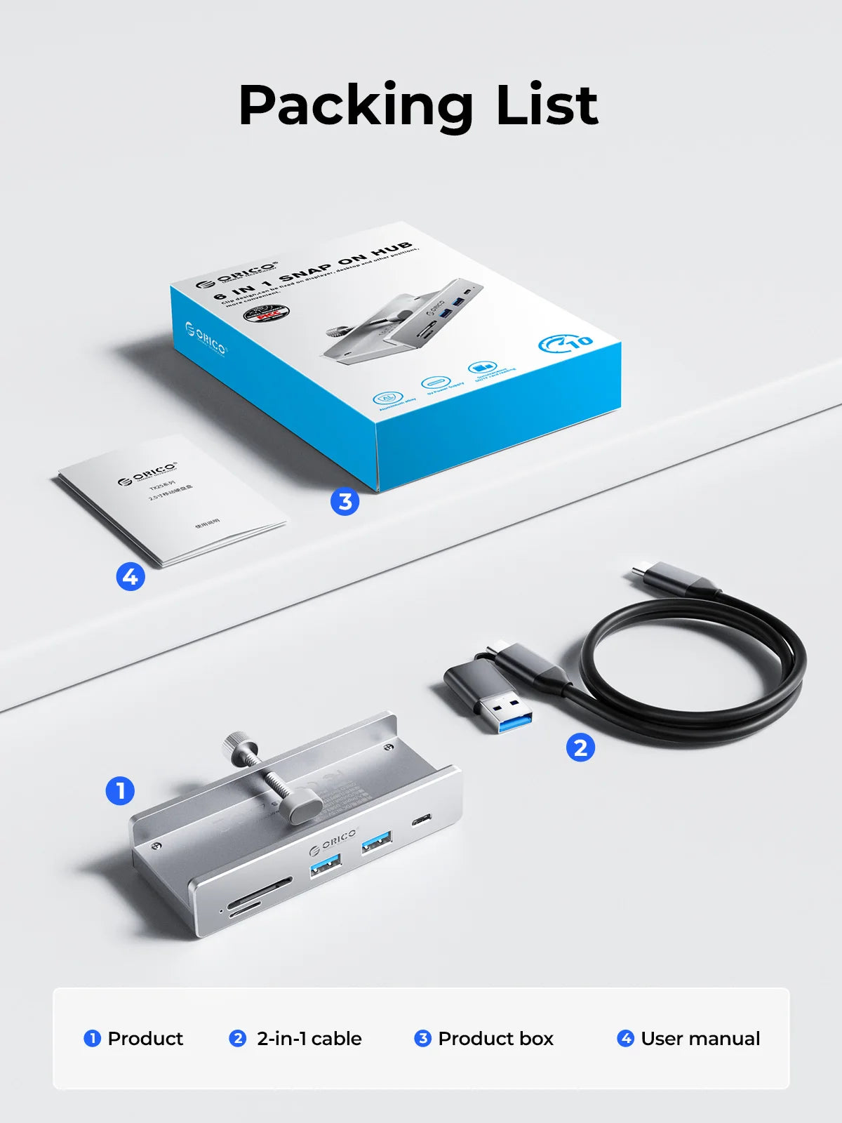 A packing list showing a silver USB-C hub, a black cable, a blue product box, and a user manual.