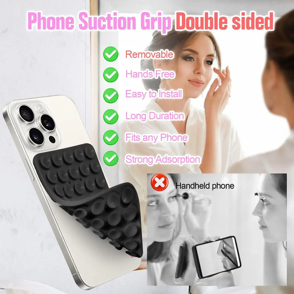 Sujetador de teléfono con ventosa de doble cara, destacando su capacidad removible y fuerte adhesión.