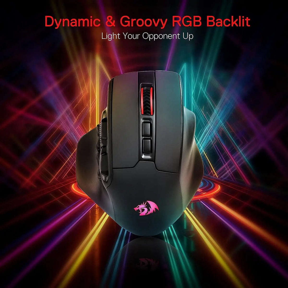 A black wireless MMO gaming mouse with red RGB backlighting is shown against a colorful light background.