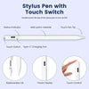 Lápiz stylus blanco con interruptor táctil, puerto de carga USB-C, punta reemplazable, pantalla de potencia y controles tácti