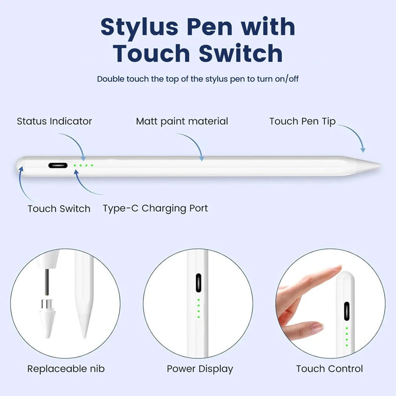 Lápiz stylus blanco con interruptor táctil, puerto de carga USB-C, punta reemplazable, pantalla de potencia y controles tácti