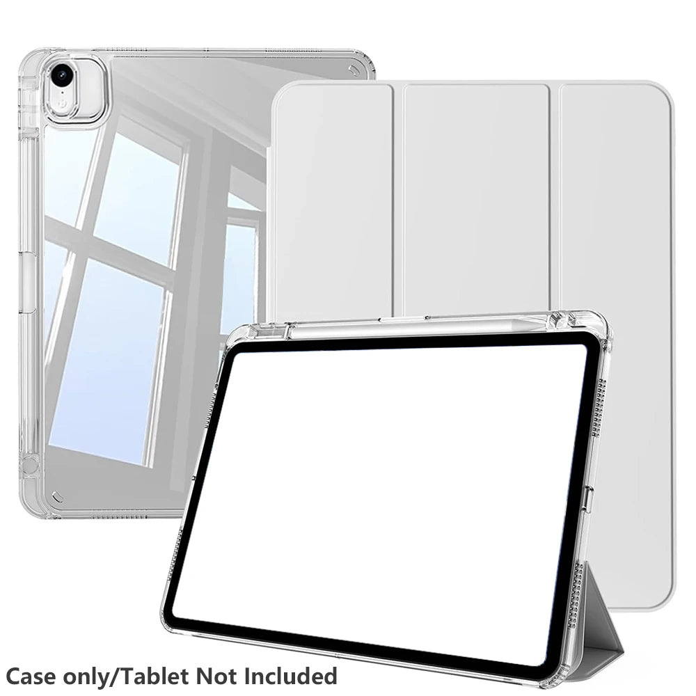 Clear protective case for an iPad Air shown alongside a smartphone and multiple blank sheets.