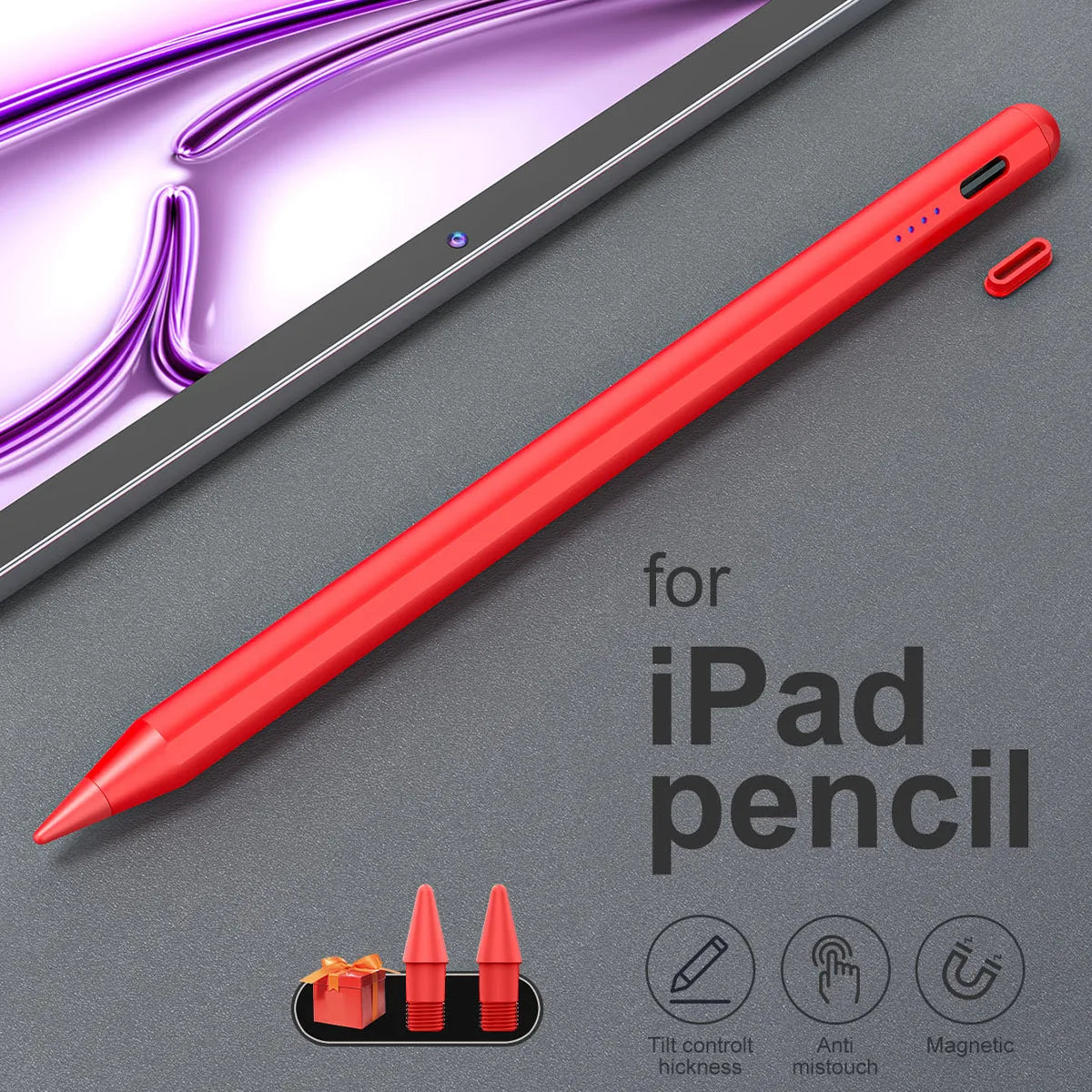 A red precision stylus pen is shown next to an iPad, with icons indicating tilt control, anti-mistouch, and magnetic features