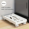 A white adjustable mobile CPU stand with caster wheels shown on a wooden floor.