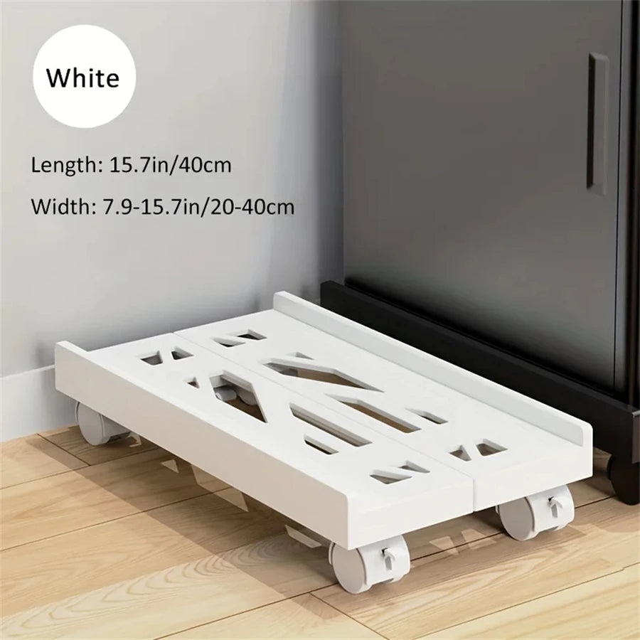 A white adjustable mobile CPU stand with caster wheels shown on a wooden floor.