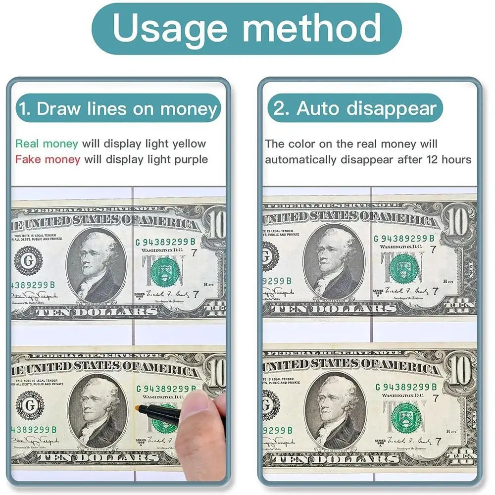 Instructions showing how to draw lines on money and how fake money will automatically disappear after 12 hours