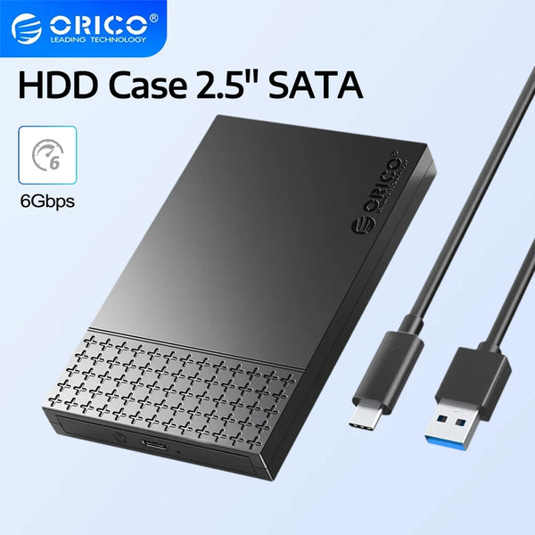 A black ORICO HDD Case 2.5" SATA drive enclosure with a USB cable connected.