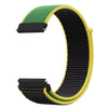 A watch strap featuring a green and black patterned nylon loop band with black and yellow accents.