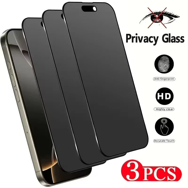Three black privacy glass screen protectors for iPhone models