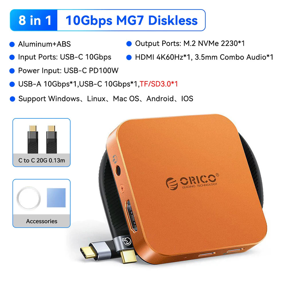 An orange high-speed NVMe SSD to USB Hub dock with various ports and accessories.