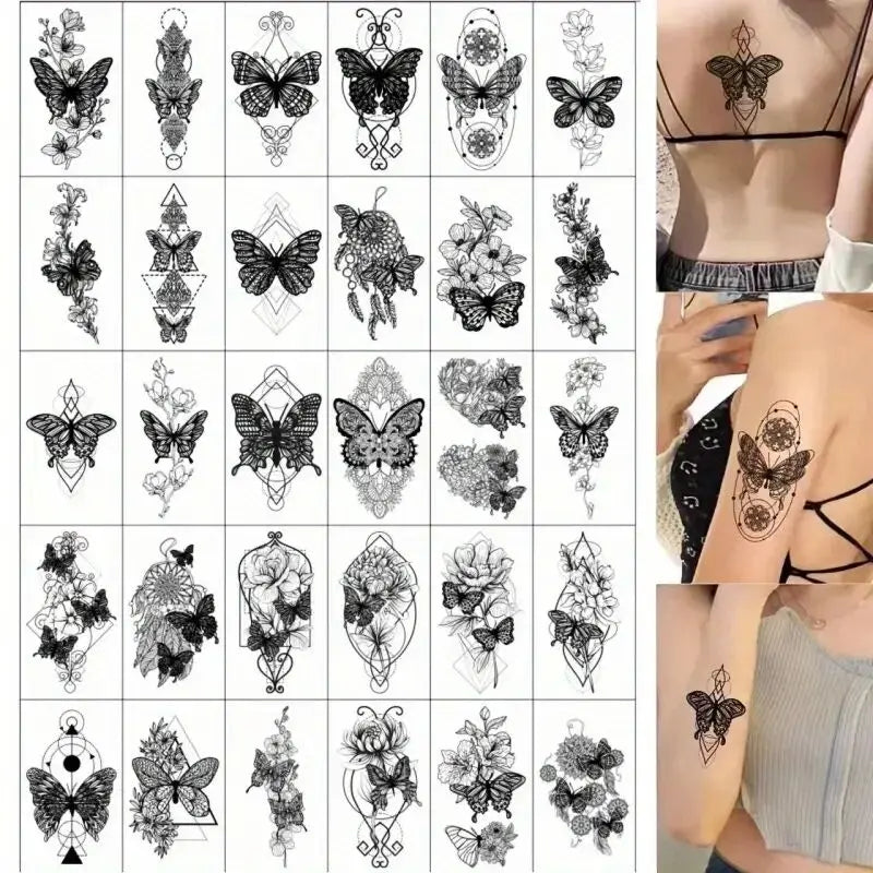 Una cuadrícula de intrincados diseños de mariposas en blanco y negro para tatuajes temporales.