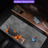 Gray overlocked mouse pad with a keyboard, mouse, and smartphone on a wooden desk.