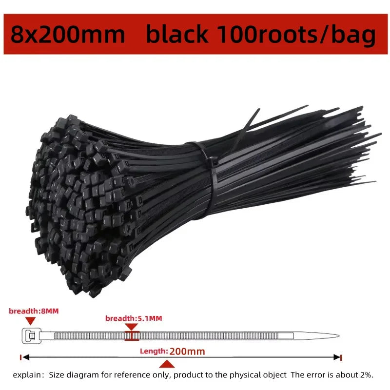 Black 8x200mm heavy-duty nylon cable ties with self-locking design shown flat