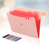 A stack of pink and red A4 accordion file organizers with elastic closures on a white surface.