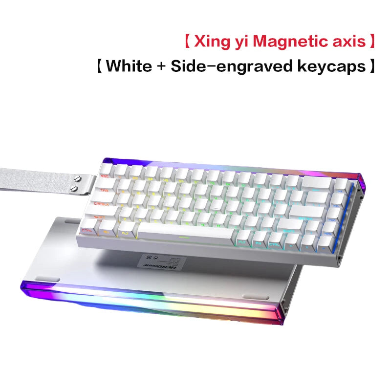 Un clavier mécanique blanc avec touches gravées sur le côté et éclairage RGB.