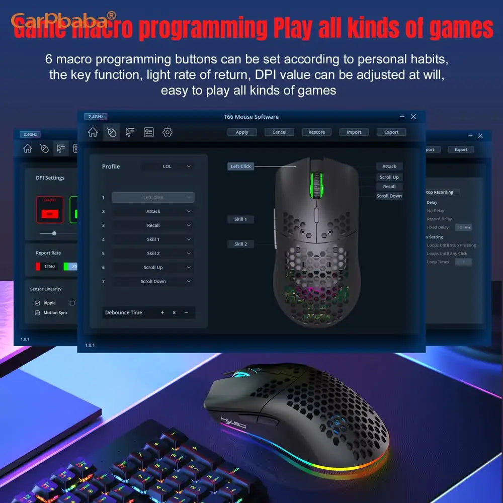 A black gaming mouse with green and purple RGB lighting is shown next to a keyboard on a blue surface.