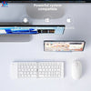 A white foldable Bluetooth keyboard with a rechargeable battery is shown next to a computer screen.