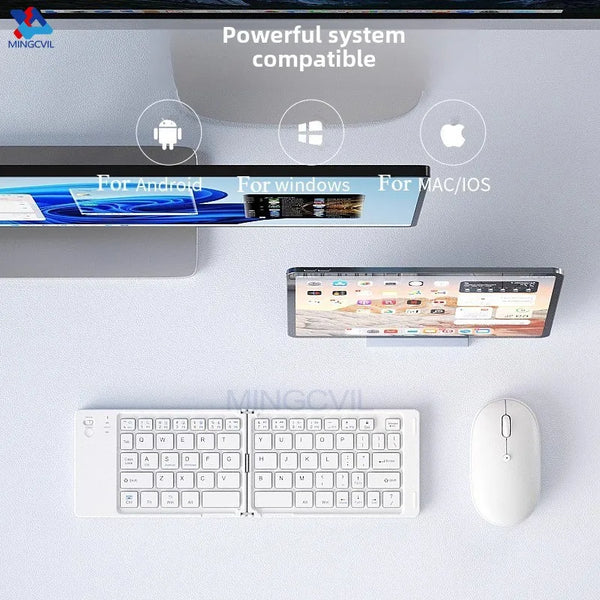 A white foldable Bluetooth keyboard with a rechargeable battery is shown next to a computer screen.