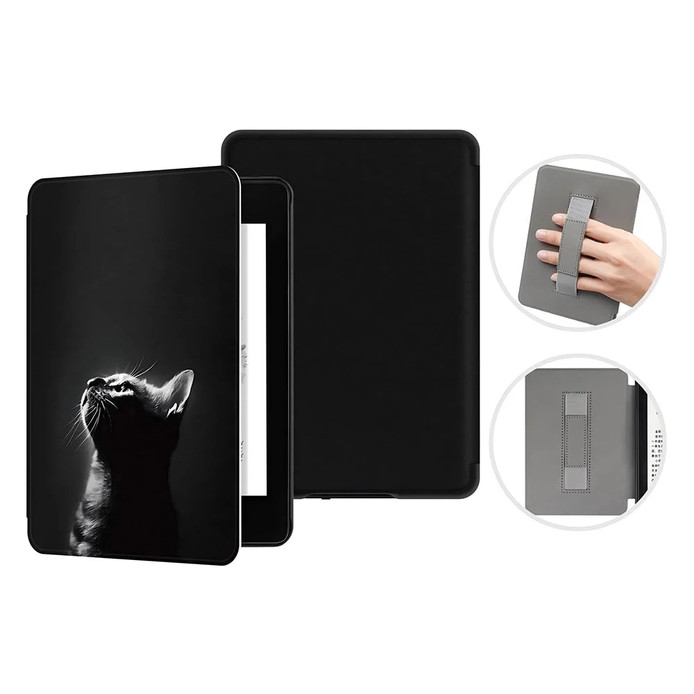 A black premium leather case for a Kindle Paperwhite 12th Gen showing the device and its protective cover.