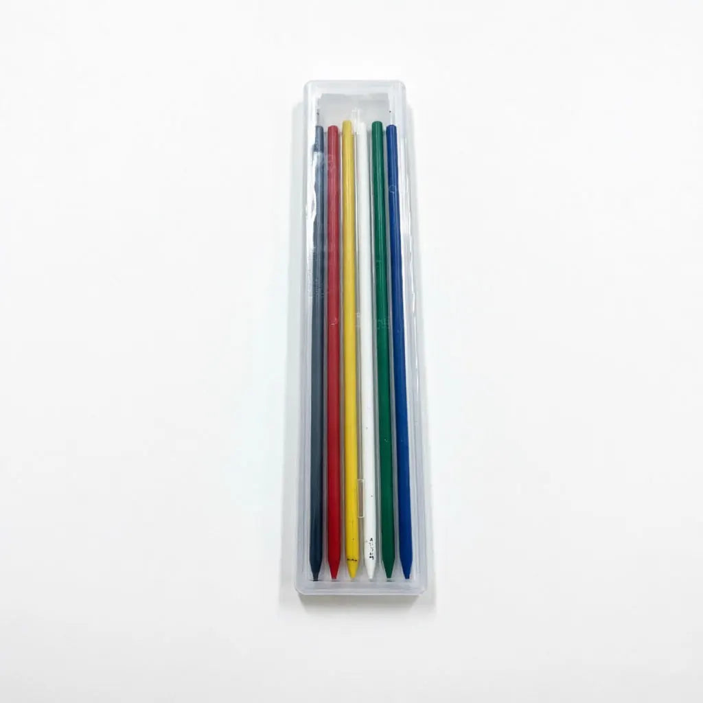 A set of refillable woodworking marker pencils in various colors, including red, orange, yellow, green, and blue, stored in a