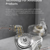 A close-up of KZ EDX PRO dynamic earphones with a clear housing and metallic accents.