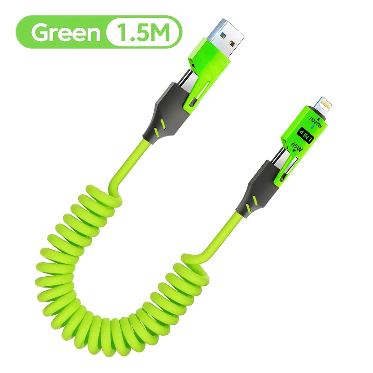 Green 1.5M retractable fast charging cable with a 4-in-1 adapter.