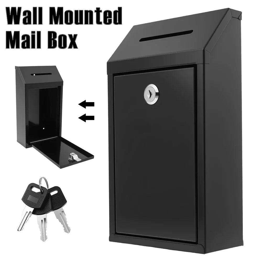 A black wall-mounted mail box with a slot for mail and a lock and key set.
