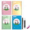 A set of three colorful lined notebooks for children's handwriting practice covering numbers, addition/subtraction, and Engli