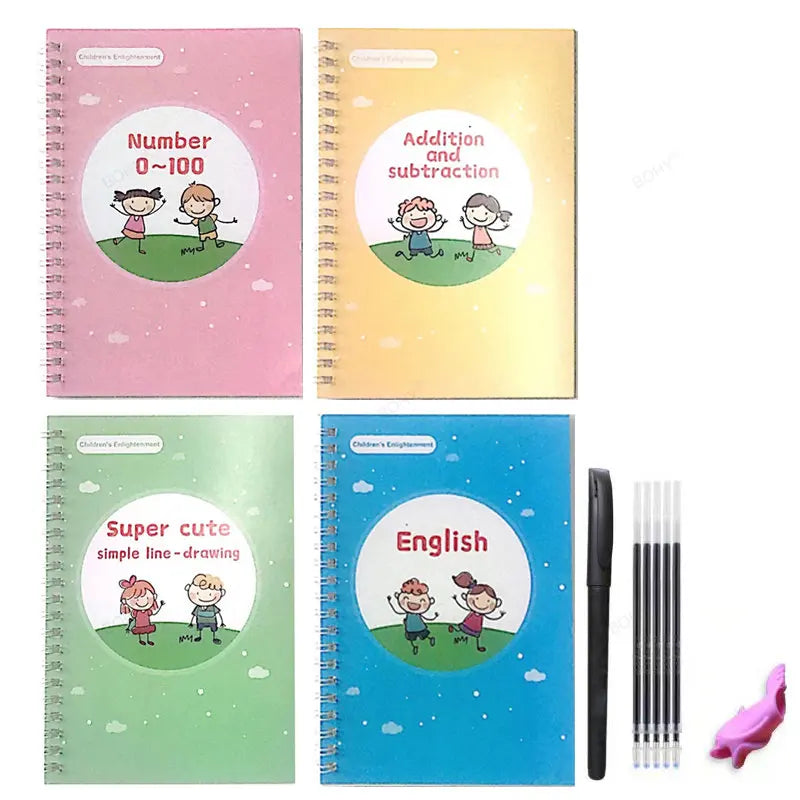 A set of three colorful lined notebooks for children's handwriting practice covering numbers, addition/subtraction, and Engli