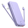 A purple portable charger with built-in cables and a wall plug is shown in a vertical angle.
