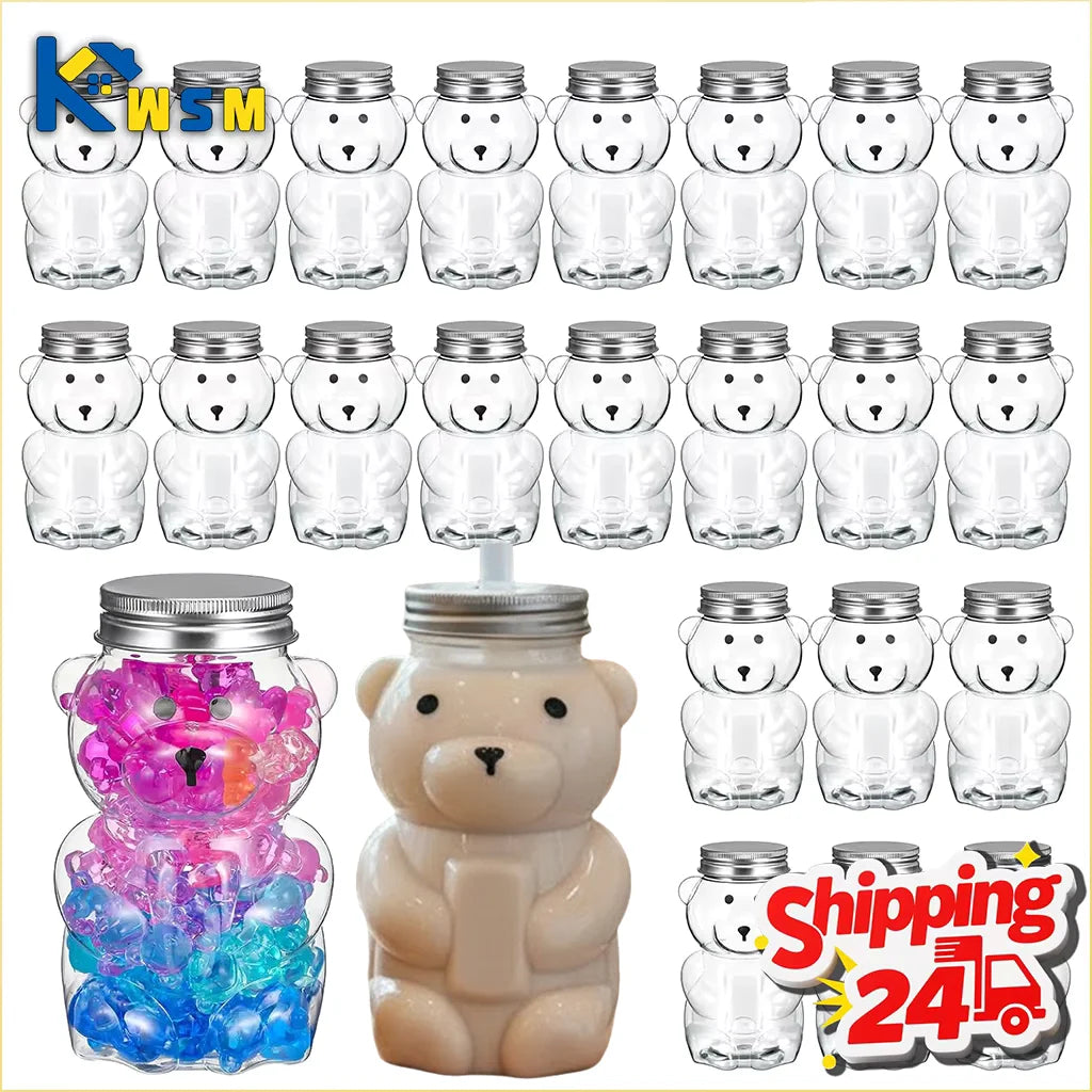 A collection of bear-shaped reusable water bottles in various clear and colored glass designs.
