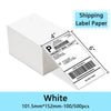 White shipping label paper in a rectangular box with a printed priority mail label example.