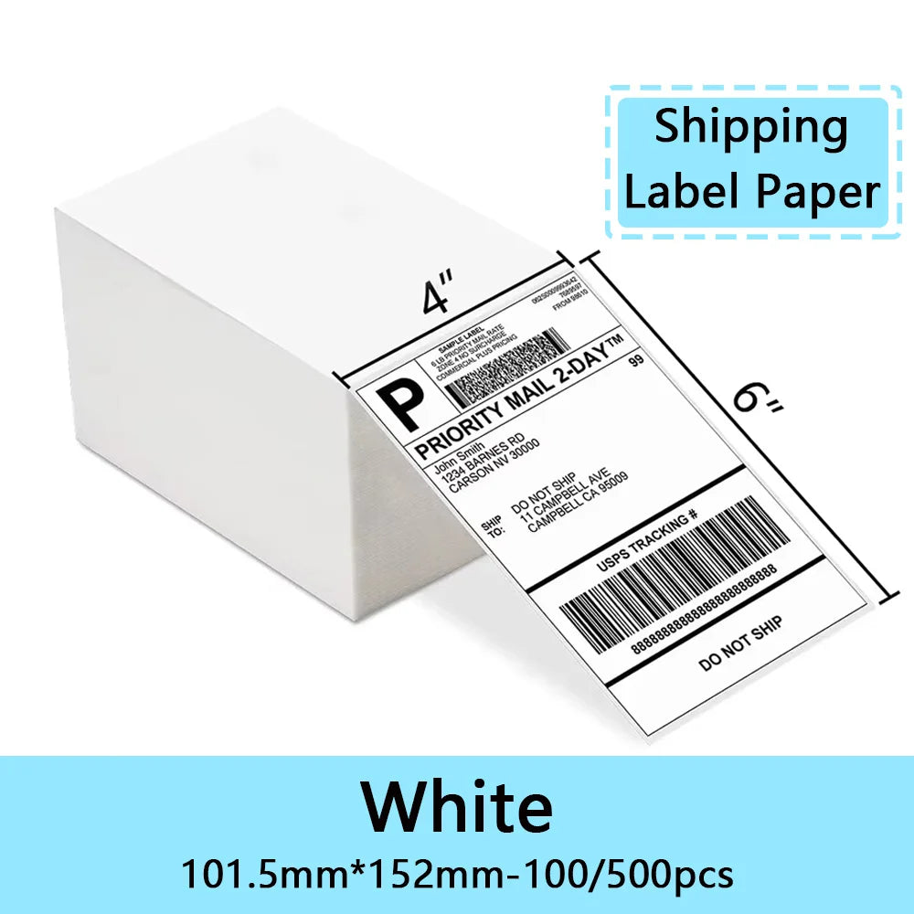 White shipping label paper in a rectangular box with a printed priority mail label example.