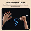 A hand is using a stylus pen to draw a bright blue spiral on a dark screen, demonstrating anti-accidental touch protection.