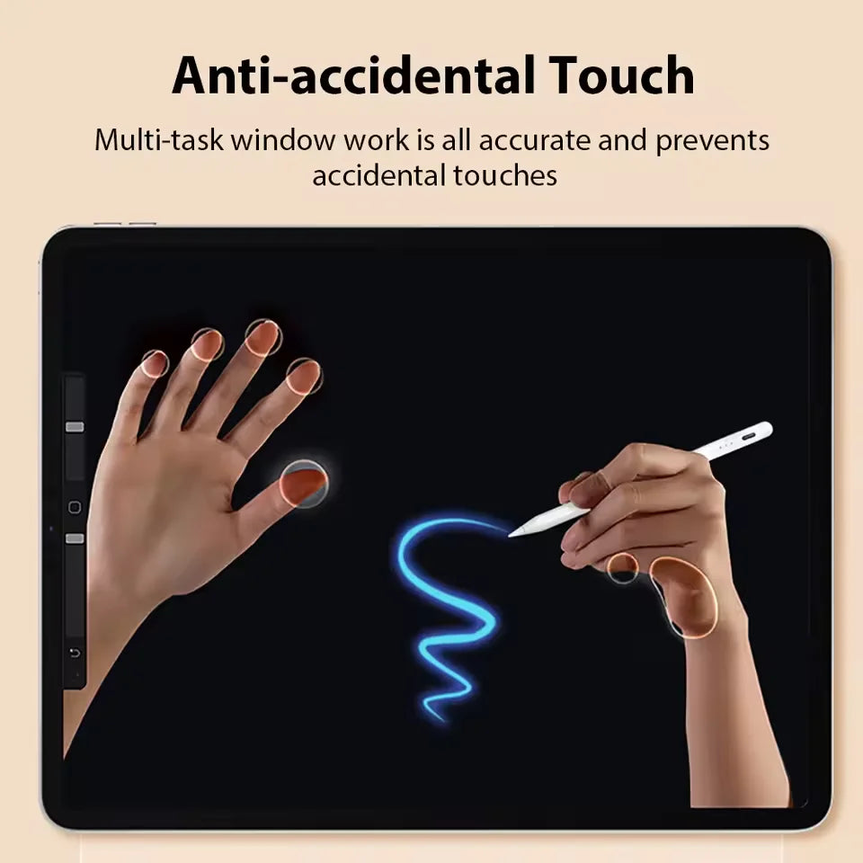 A hand is using a stylus pen to draw a bright blue spiral on a dark screen, demonstrating anti-accidental touch protection.