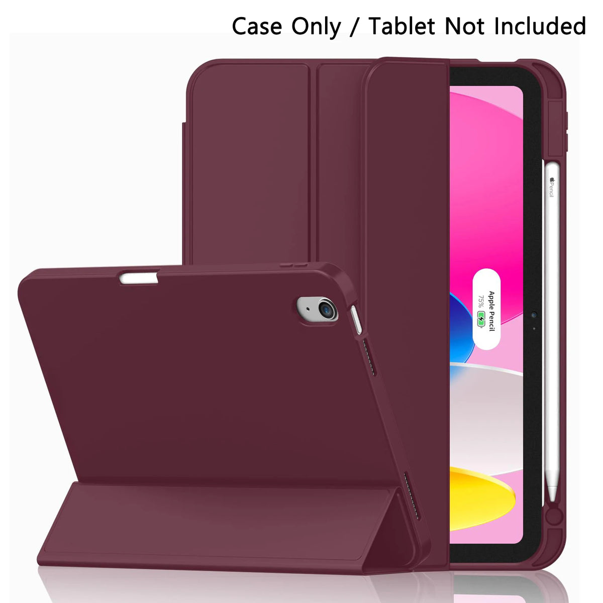 A maroon protective case for an iPad, shown with the tablet inside and the case open.