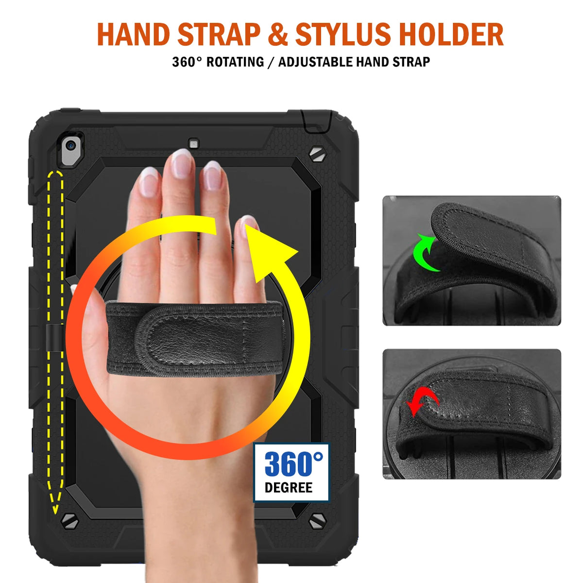 Hand strap and stylus holder for an iPad case showing a hand gripping the strap.