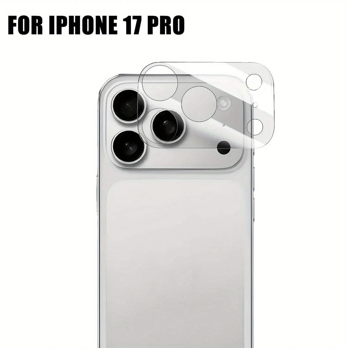 Clear full coverage tempered glass protector for the camera lenses of an iPhone 17 Pro.