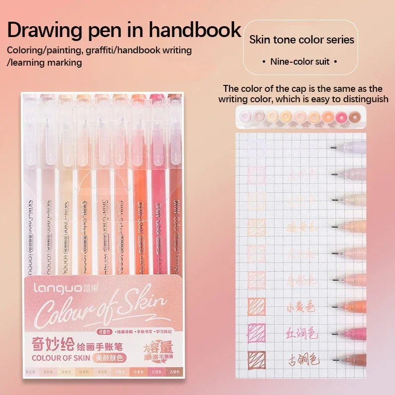 A set of multi-color drawing pens and writing tools in various skin tone colors for coloring and marking.