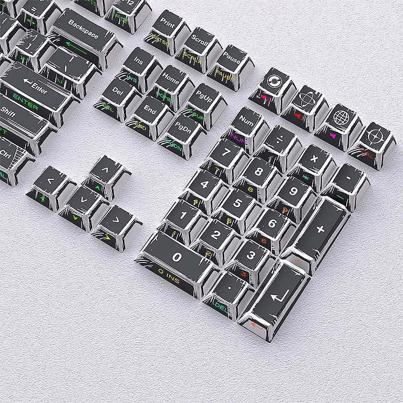 A close-up view of a full set of translucent PBT keycaps with side printing in a cherry profile layout