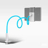 A silver tablet holder with a flexible blue gooseneck arm mounted on a surface.