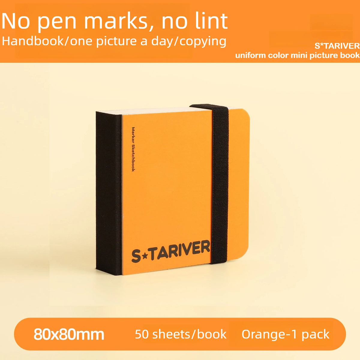 Orange mini picture book with black binding and S*TARIVER branding