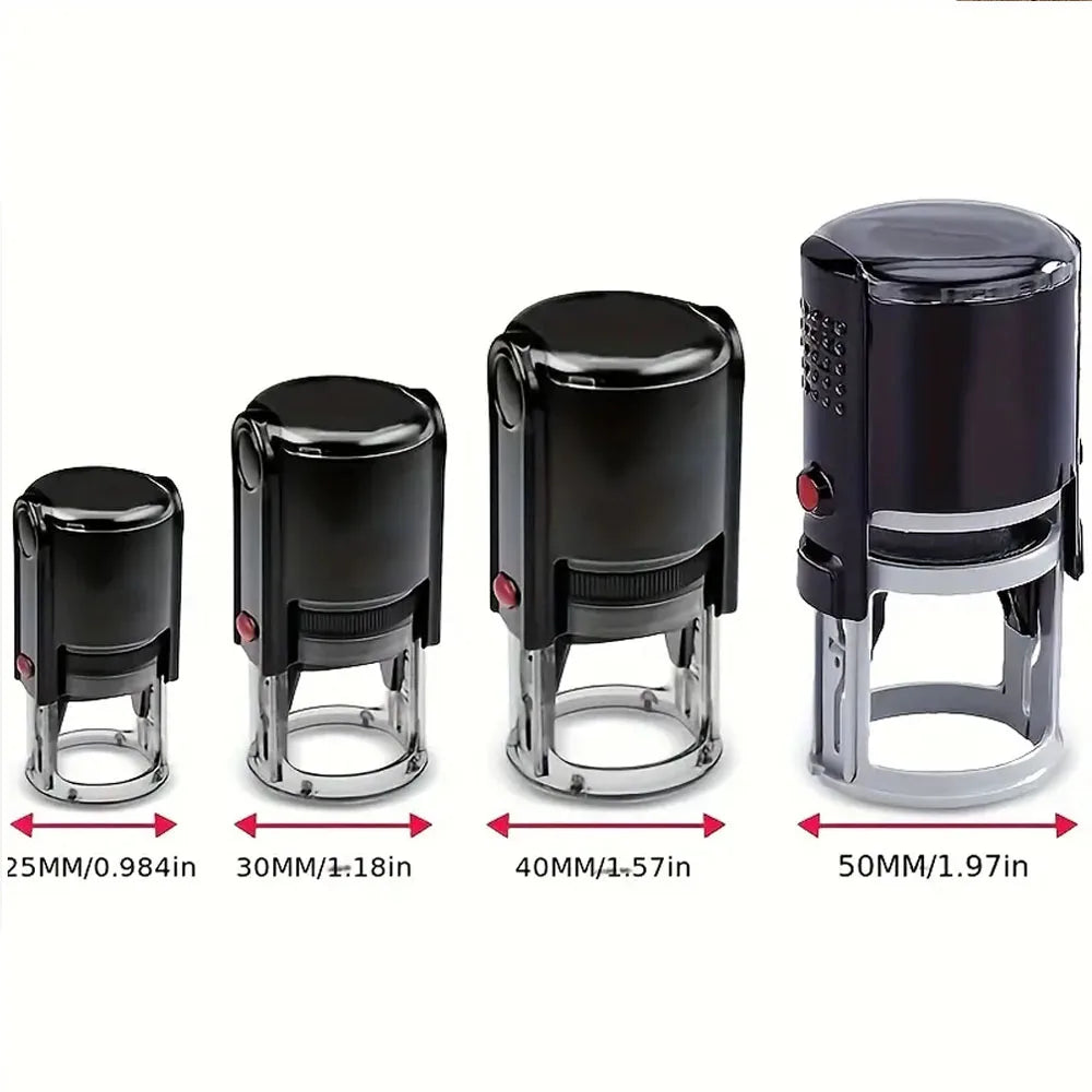 A set of custom self-inking stamps in black with various diameters ranging from 25mm to 50mm.
