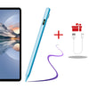 A light blue precision stylus pen next to an iPad and a charging cable.
