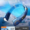 A blue portable bladeless neck fan demonstrating cooling technology in a snowy outdoor setting.