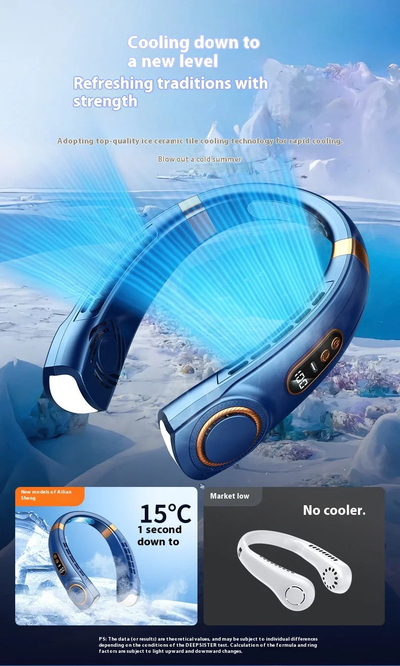 A blue portable bladeless neck fan demonstrating cooling technology in a snowy outdoor setting.