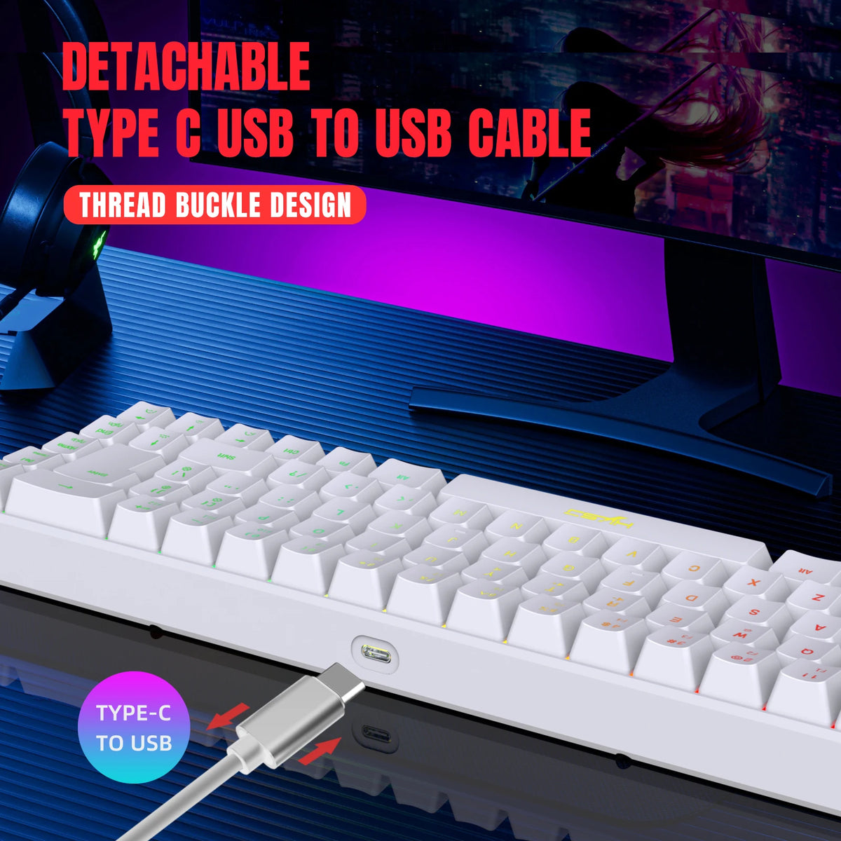 A white detachable Type-C USB to USB cable is shown next to a keyboard.