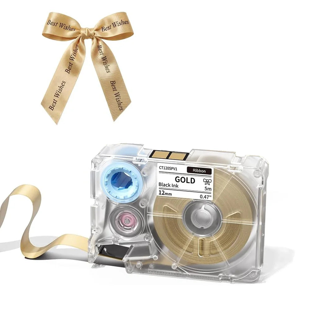 A clear label maker device with a ribbon bow and a roll of gold ink is shown on a white background.