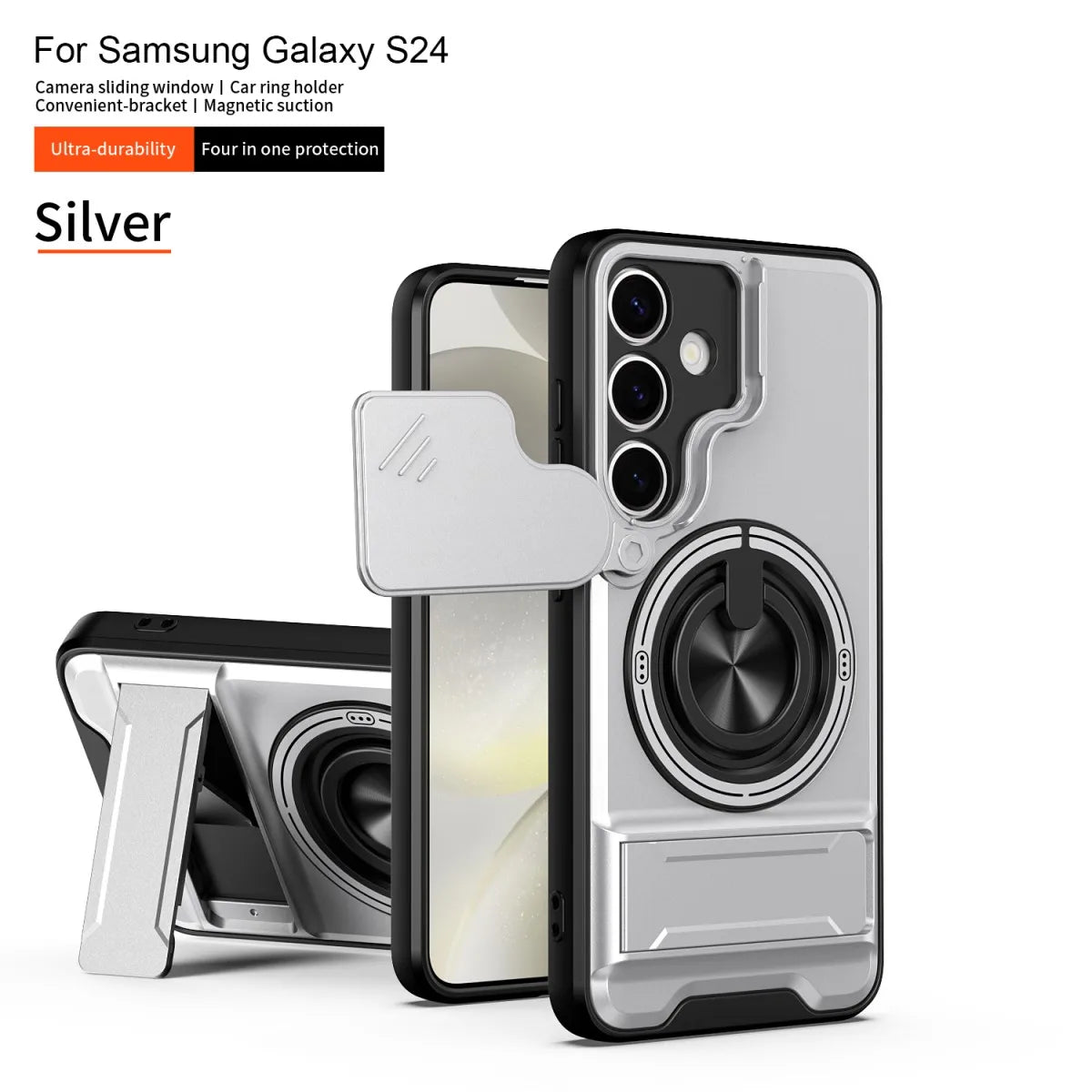 Silver Armor Shockproof Phone Case for Samsung Galaxy S24 with camera sliding window and kickstand