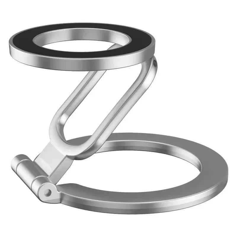 A silver double-sided magnetic phone stand with a curved metal design.